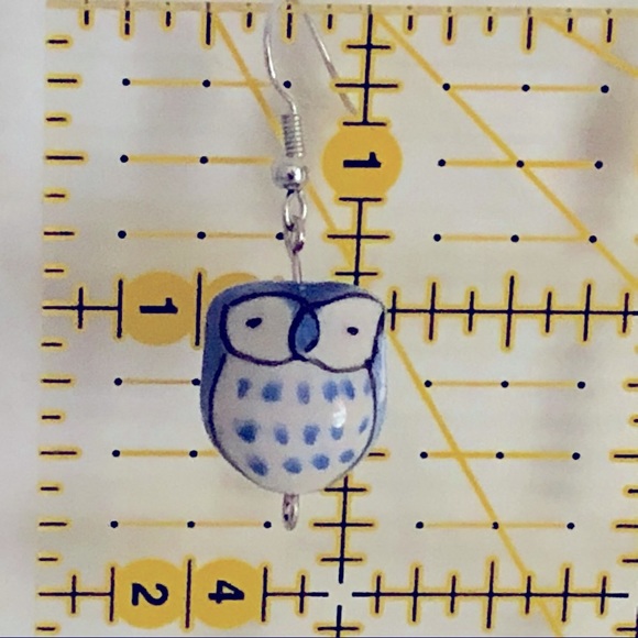 New Light Blue Owl New Hand Crafted Earrings Ceramic Beaded Nature Wise Fun Gift - Picture 2 of 6